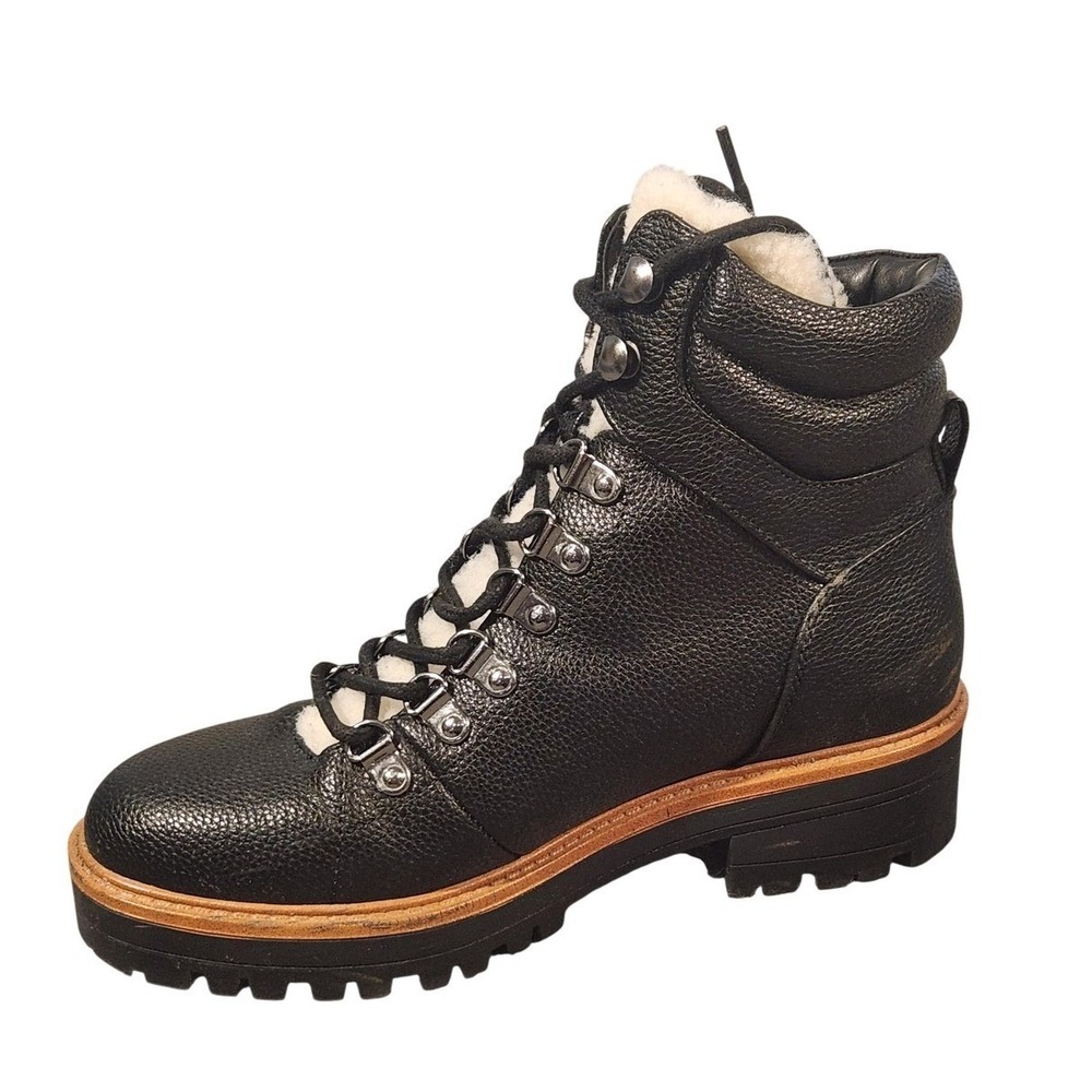 Marc Fisher Boots Womens 6.5 Black Leather Shearling Hiking Ankle Lug Sole Izzie